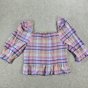 Tommy Hilfiger Smocked Plaid Top Womens XL Pink Puff Sleeve Cropped Peplum New
